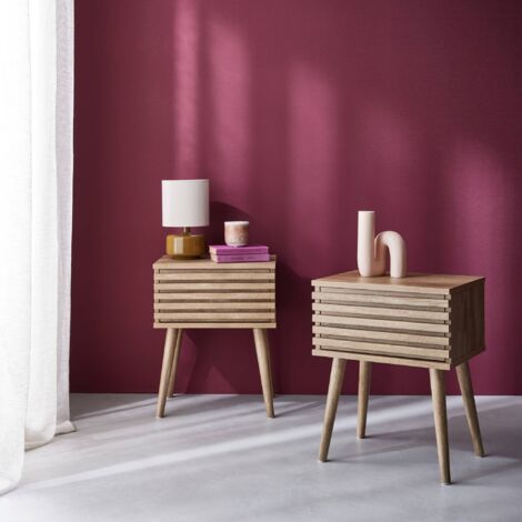 Pair of scandi-style bedside tables with grooved wood effect, Madere, Natural, 29x40x50.5 cm