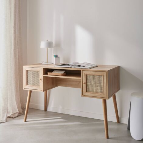 2-door desk with wood and cane effect, Boheme, Natural, 120x55x76.5 cm