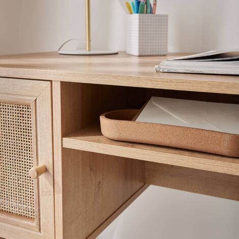 2-door desk with wood and cane effect, Boheme, Natural, 120x55x76.5 cm