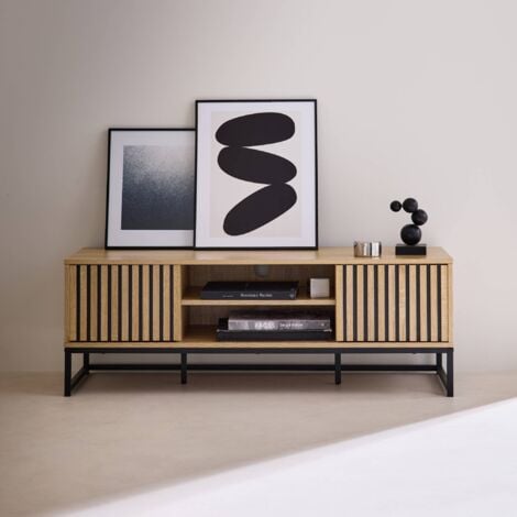 120cm TV unit  grooved wooden effect and metal 2 doors, Lisbonne, Natural, 120x40x42 cm