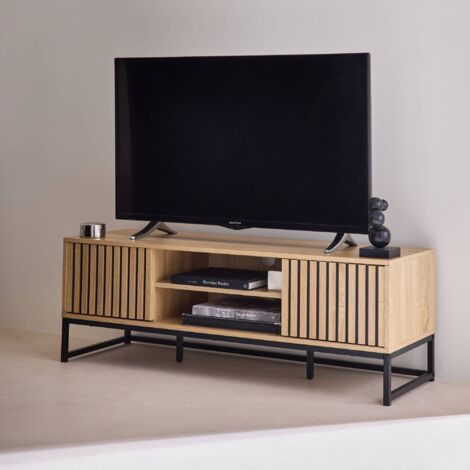 120cm TV unit  grooved wooden effect and metal 2 doors, Lisbonne, Natural, 120x40x42 cm