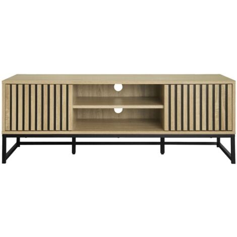 120cm TV unit  grooved wooden effect and metal 2 doors, Lisbonne, Natural, 120x40x42 cm
