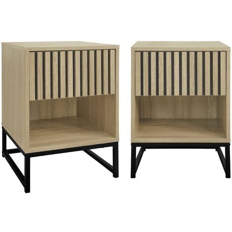 Pair of contemporary bedside tables with wood decor, Lisbonne, Natural, 40x40x55 cm
