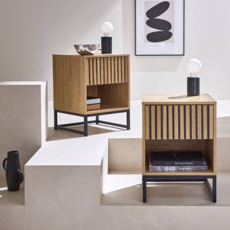 Pair of contemporary bedside tables with wood decor, Lisbonne, Natural, 40x40x55 cm