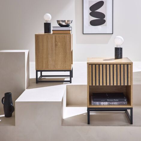 Pair of contemporary bedside tables with wood decor, Lisbonne, Natural, 40x40x55 cm
