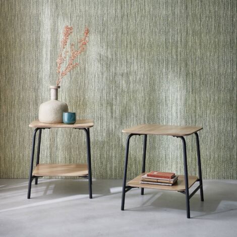 Pair of bedside tables with wood effect and a steel frame, Scuola, Natural, 45x45x51 cm