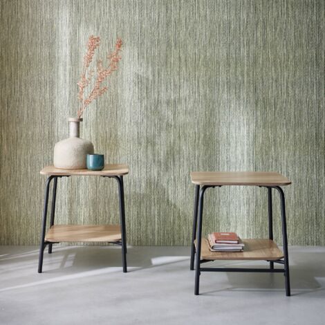 Pair of bedside tables with wood effect and a steel frame, Scuola, Natural, 45x45x51 cm