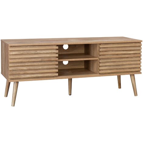120 cm scandinavian TV unit grooved wooden effect 2 doors Natural 120x39x51.5 cm - Madere