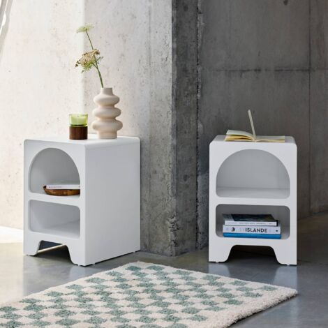 Pair of white wood-effect organic bedside tables, 2 niches, Thessa, White, 40x40x55 cm