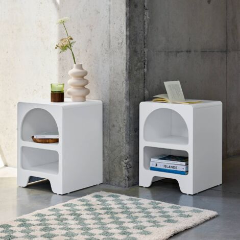 Pair of white wood-effect organic bedside tables, 2 niches, Thessa, White, 40x40x55 cm