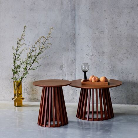 Set of 2 round coffee tables with walnut wood-effect top and fir wood legs, 40cm and 60cm