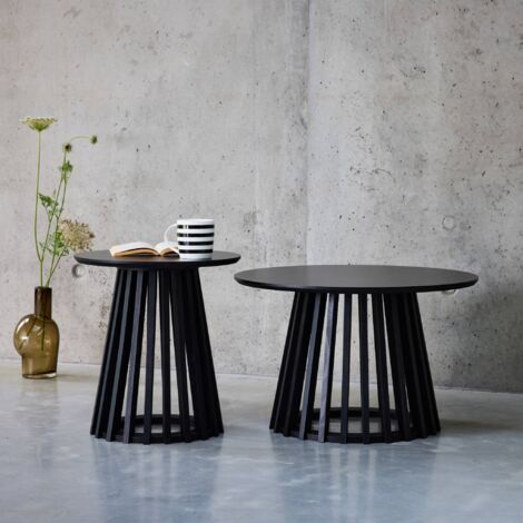 Set of 2 round coffee tables with black wood-effect tops and fir-wood legs, 40cm and 60cm