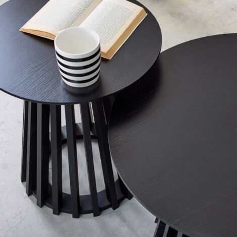 Set of 2 round coffee tables with black wood-effect tops and fir-wood legs, 40cm and 60cm