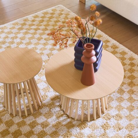 Set of 2 round coffee tables, oak-effect top and fir-wood legs, 40cm and 60cm