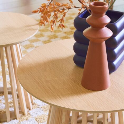 Set of 2 round coffee tables, oak-effect top and fir-wood legs, 40cm and 60cm