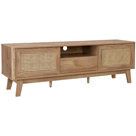 150cm TV unit with sliding doors, closed locker, wood and cane effect shelf (1/5)