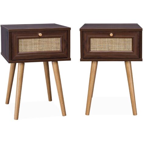 Set of 2 dark wood and cane effect bedside tables with 1 drawer