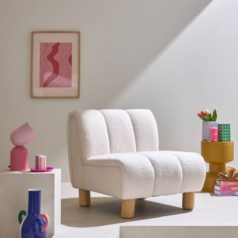 Wooden armchair with rounded legs in boucle fabric, Angel, White, 78x90x79 cm