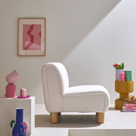 Wooden armchair with rounded legs in boucle fabric, Angel, White, 78x90x79 cm