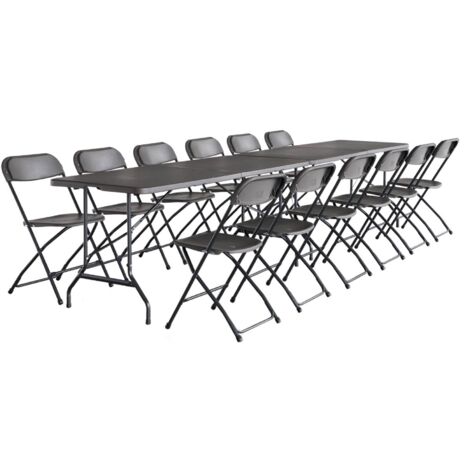 Pair of folding plastic reception tables with 12 chairs Charcoal Grey 180x69.5x73.5 cm - Fiesta