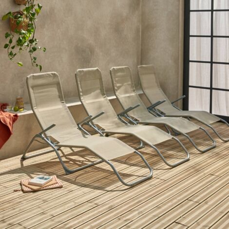 Set of textilene folding sun loungers with positions, Levito x4,  Beige-brown, 57x168x93 cm