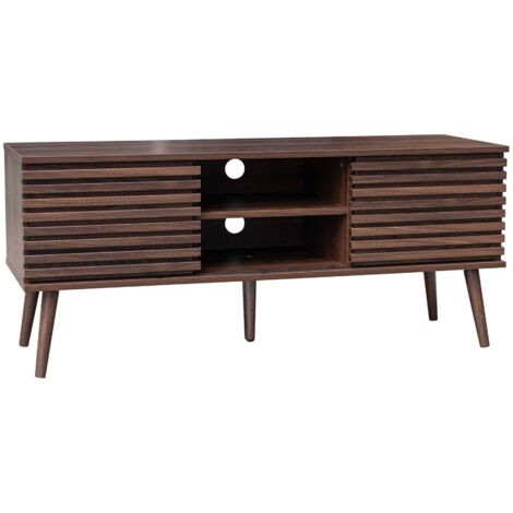 120 cm scandinavian TV unit grooved wooden effect 2 doors Walnut 120x39x51.5 cm - Madere