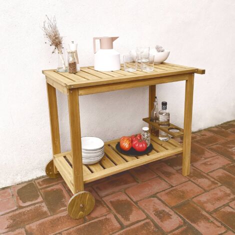 Wooden barbecue sideboard with wheels and a handle, Aulne, Natural, 95x47x74 cm