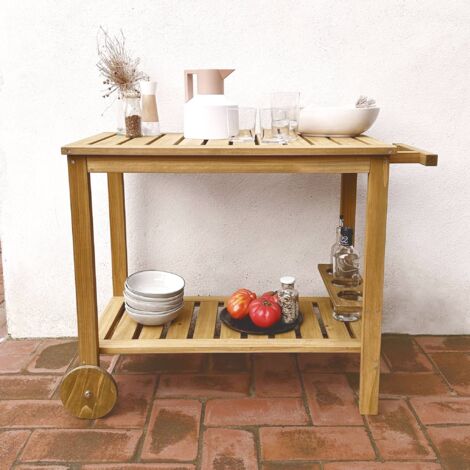 Wooden barbecue sideboard with wheels and a handle, Aulne, Natural, 95x47x74 cm