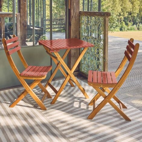 Acacia wood garden table, 2 folding chairs, Hilora, Terracotta, 60x60x8 cm