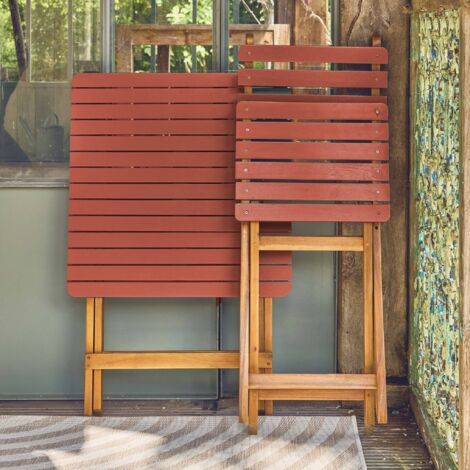 Acacia wood garden table, 2 folding chairs, Hilora, Terracotta, 60x60x8 cm