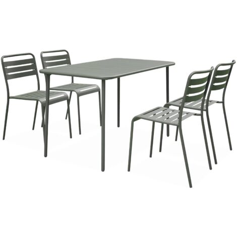 4-seater rectangular steel garden table set with 4 chairs Khaki Green 120x70x72.5 cm - Amelia