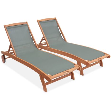 Pair of wooden and textilene sun loungers, Marbella, Khaki Green