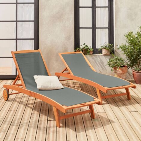 Pair of wooden and textilene sun loungers, Marbella, Khaki Green, 196x68x91  cm
