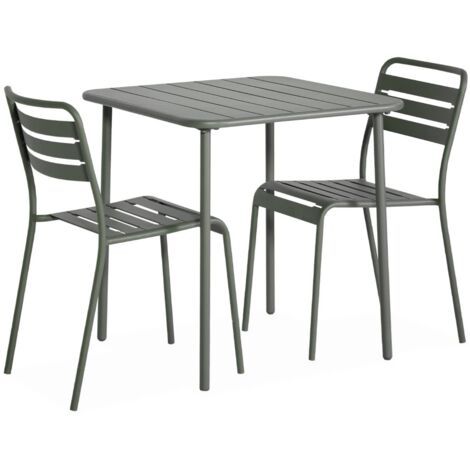 2-seater square steel garden table set with 2 chairs Khaki Green 70x70x72.5 cm - Amelia