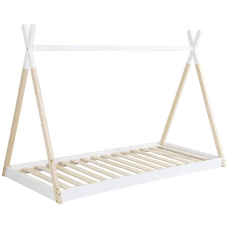 Kid's teepee bed 90 x 190cm natural pine slatted base included, Tobias, White, 196x100x136.5 cm
