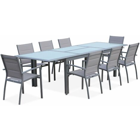 Garden set with extending table - Light grey Philadelphia - 200/300cm aluminium table with glass top, extension and 8 textilene armchairs - Grey