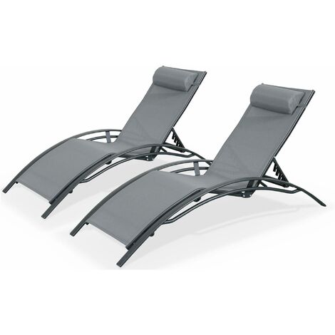 Pair of aluminium and textilene sun loungers, 4 reclining positions, Louisa, Anthracite, 167x64x82 cm