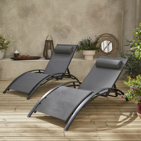Pair of aluminium and textilene sun loungers, 4 reclining positions, Louisa, Anthracite, 167x64x82 cm