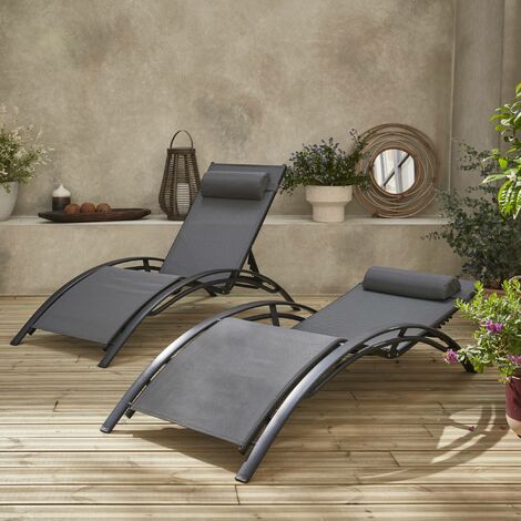 Pair of aluminium and textilene sun loungers, 4 reclining positions, Louisa, Anthracite, 167x64x82 cm