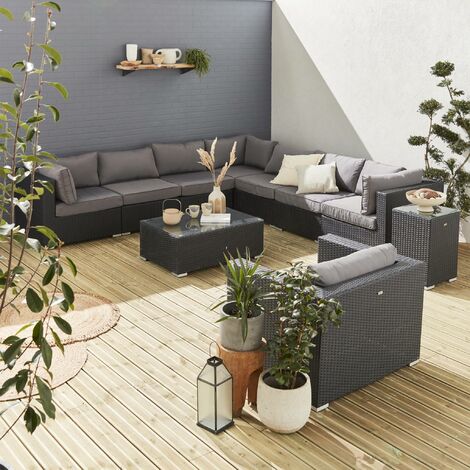 10 Seater Ready Assembled Garden Sofa Set Black Grey - Black Rattan Garden Furniture With Grey Cushions 10 Seater Ready Assembled Garden Sofa Set Black Grey - Black Rattan Garden Furniture With Grey Cushions