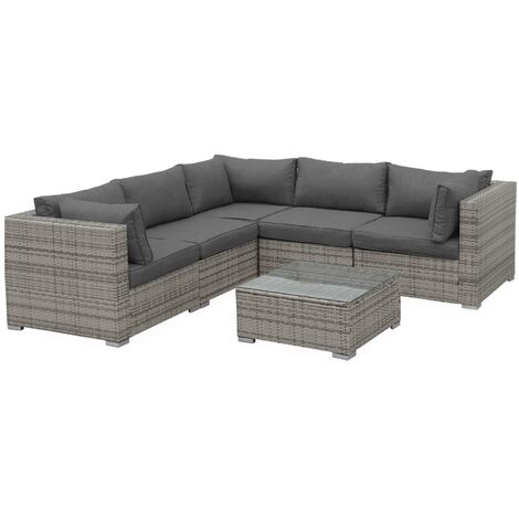 5-seater rattan garden furniture corner sofa set table, mixed grey weave. Patio conservatory. Ready assembled.