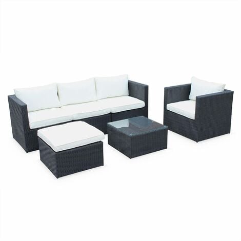 5 Seater Rattan Garden Furniture Sofa Set Table Black Weave Wicker Off White Cushions Aluminium Frame 5 Seater Rattan Garden Furniture Sofa, 5 Seater Garden Sofa Set In Aluminium