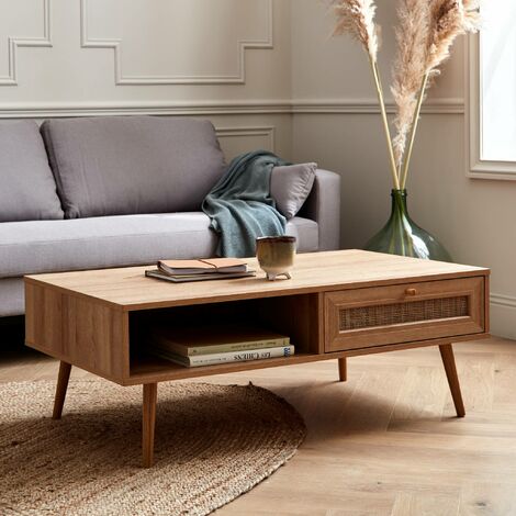 Coffee table with wood and cane effect, Boheme, Natural, 110x59x39 cm