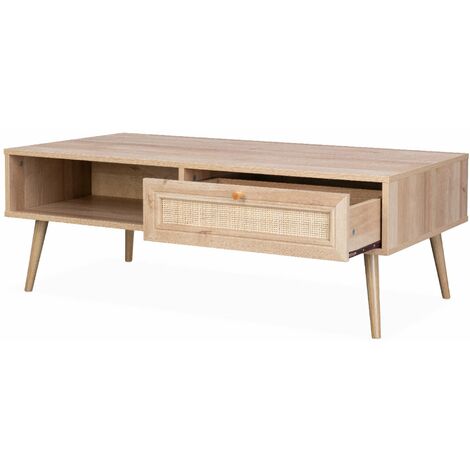 Coffee table with wood and cane effect, Boheme, Natural, 110x59x39 cm