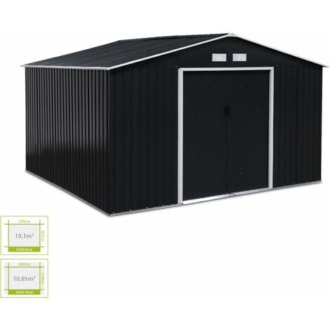(11 X 10FT) 10.85m² Metal garden shed - Boulonnais grey and white - Tool shed with single latch door, ground fixing kit supplied - Anthracite