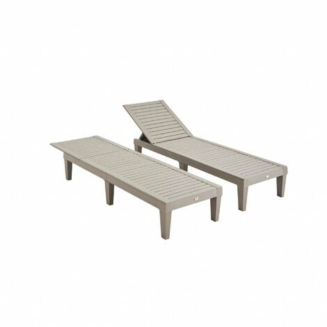 Pair of plastic sun loungers with textured wood effect, Pia, Grey, 157x83.5x58 cm