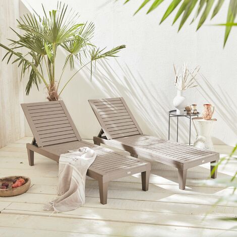 Pair of plastic sun loungers with textured wood effect, Pia, Grey, 157x83.5x58 cm