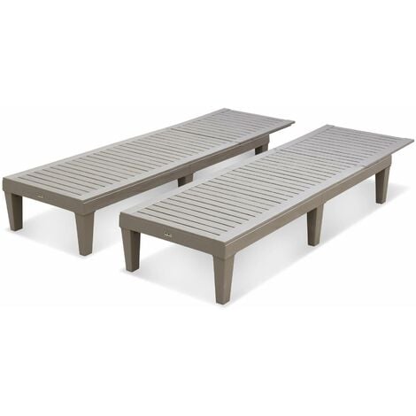 Pair of plastic sun loungers with textured wood effect, Pia, Grey, 157x83.5x58 cm
