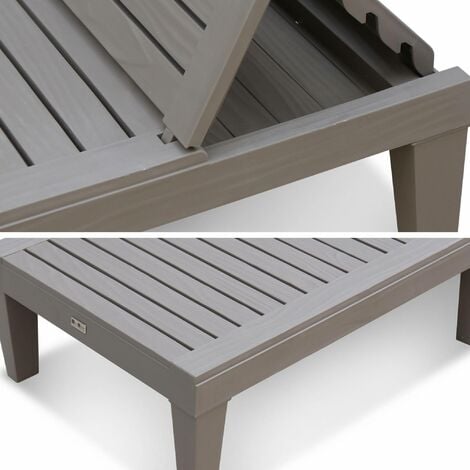 Pair of plastic sun loungers with textured wood effect, Pia, Grey, 157x83.5x58 cm
