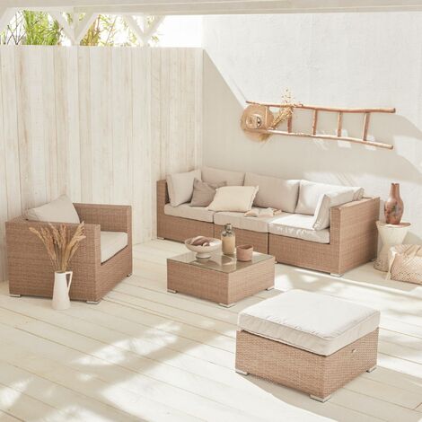 5-seater woven resin garden furniture set, Caligari, Beige, 234x82x67 cm